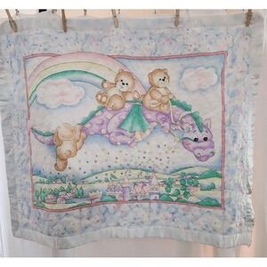 VTG Handmade Baby Quilt Teddy Bears & Dragon W/Castles 39x33 Patches the Dragon